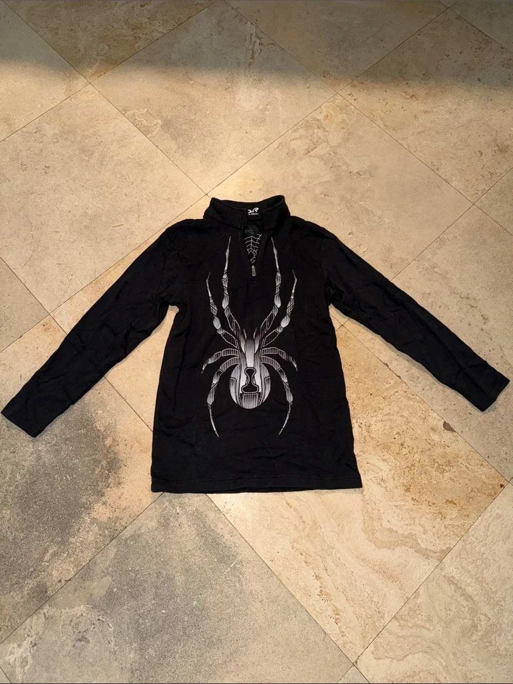 Black Long-Sleeve Quarter-Zip Sweater with Spider Graphic